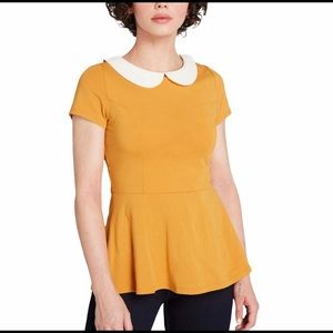 Modcloth Mustard Peplum Blouse with White Collar